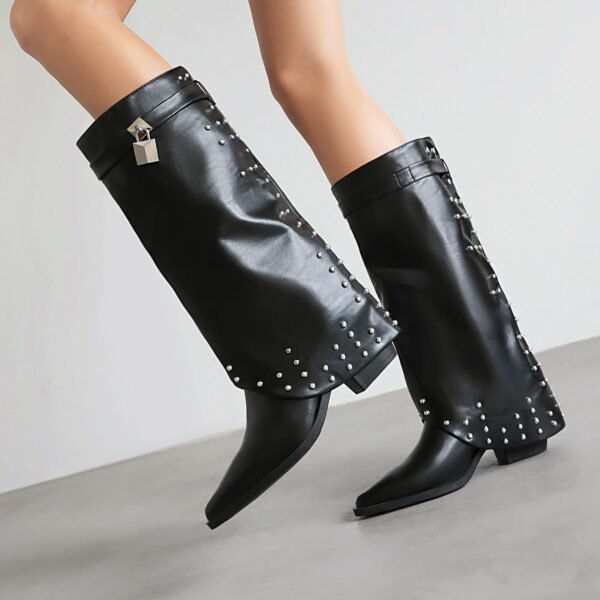 Artificial Crocodile Patterned Boots Side Zipper Casual Thick Heel Slim Fit Boots Fashionable Pointed Folding Boots - 图片 3