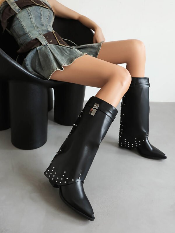 Artificial Crocodile Patterned Boots Side Zipper Casual Thick Heel Slim Fit Boots Fashionable Pointed Folding Boots - 图片 6