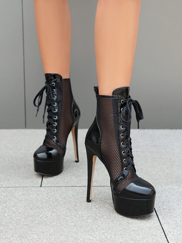 Women's Super High Heels Slim Fit Short Boots Lace Up Thick Soled Mesh Ankle Boots High Top Breathable Shoes - 图片 4