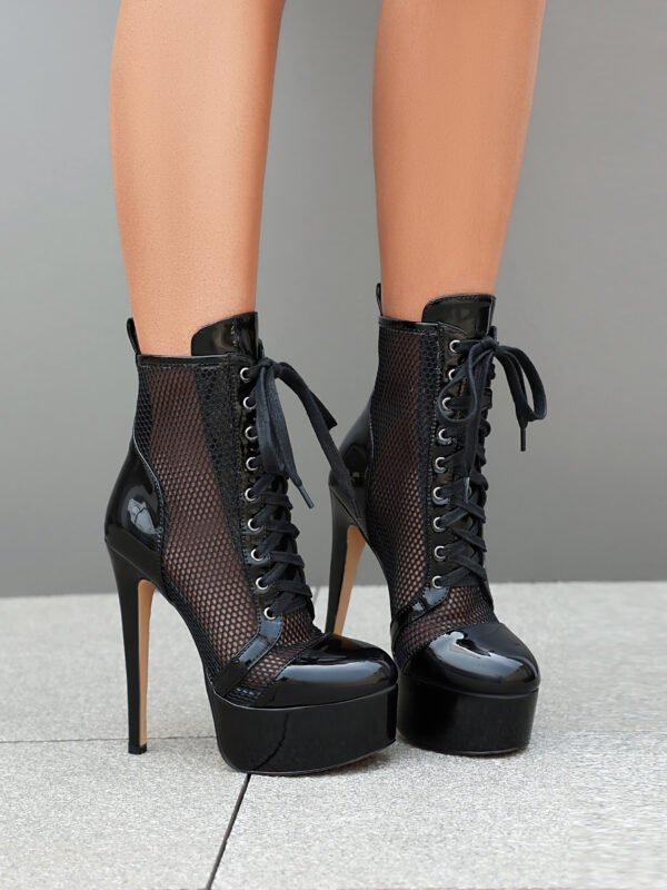 Women's Super High Heels Slim Fit Short Boots Lace Up Thick Soled Mesh Ankle Boots High Top Breathable Shoes - 图片 3