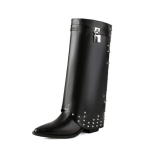 Artificial Crocodile Patterned Boots Side Zipper Casual Thick Heel Slim Fit Boots Fashionable Pointed Folding Boots