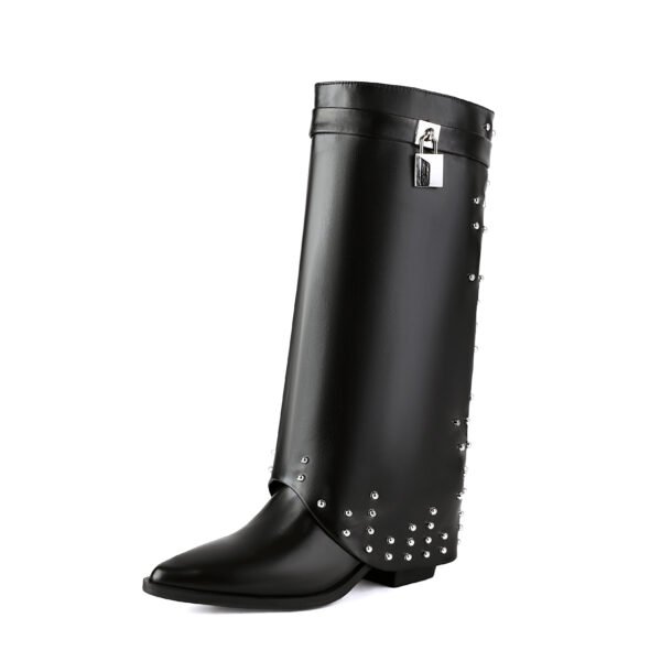 Artificial Crocodile Patterned Boots Side Zipper Casual Thick Heel Slim Fit Boots Fashionable Pointed Folding Boots