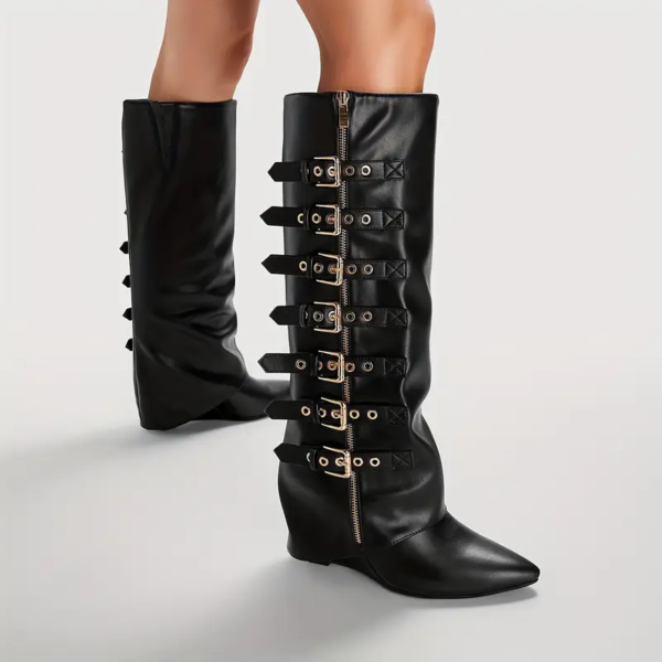 Knee High Boots Side Zipper Flat Head Square Heel Fashionable High Boots - 图片 6
