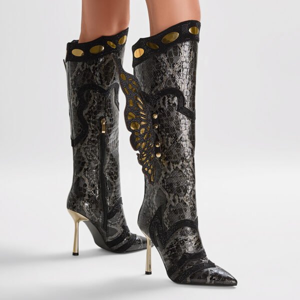 Ladies' Solid Color Three-Dimensional Fashionable Boots Side Zipper Butterfly Style Slim High-Heeled Knee High Boots - 图片 4
