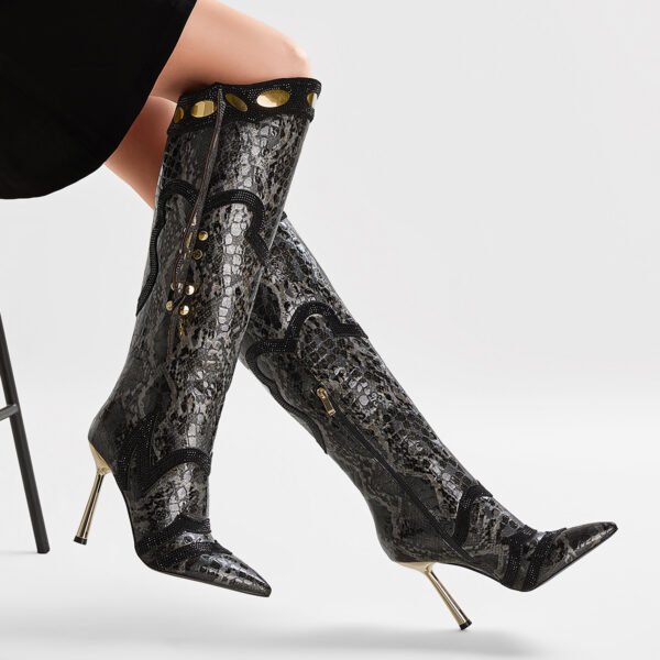 Ladies' Solid Color Three-Dimensional Fashionable Boots Side Zipper Butterfly Style Slim High-Heeled Knee High Boots - 图片 3