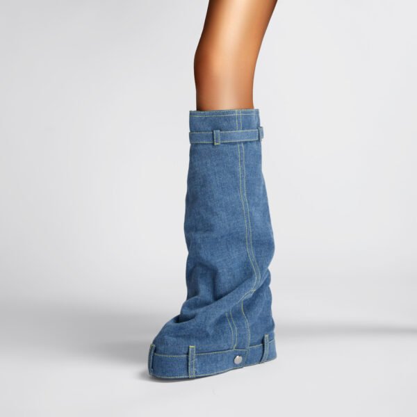 Women's Canvas Boots Round Toe Covers Mid Calf Buckle Decoration Thick Heels Fashionable Shoes - 图片 7