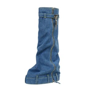 Women's Canvas Boots Round Toe Covers Mid Calf Buckle Decoration Thick Heels Fashionable Shoes