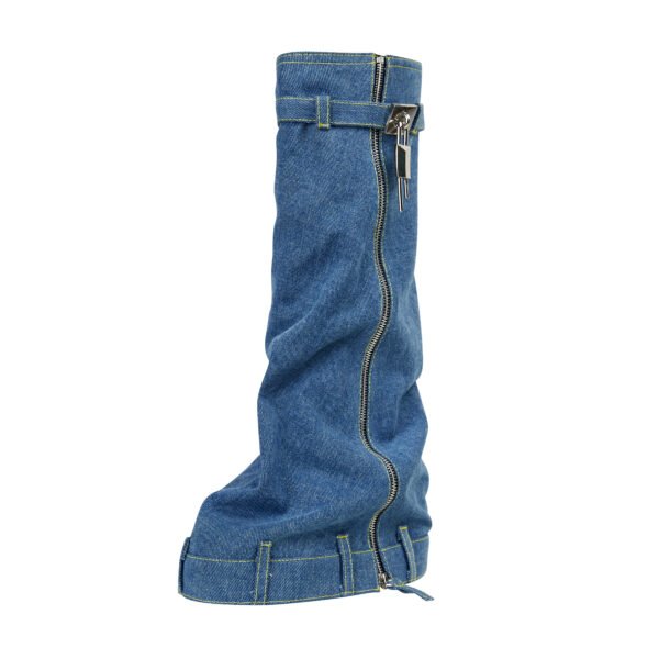 Women's Canvas Boots Round Toe Covers Mid Calf Buckle Decoration Thick Heels Fashionable Shoes