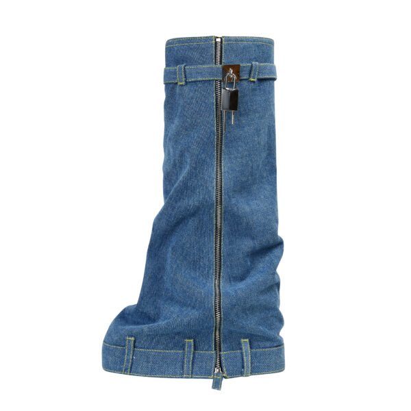 Women's Canvas Boots Round Toe Covers Mid Calf Buckle Decoration Thick Heels Fashionable Shoes - 图片 3