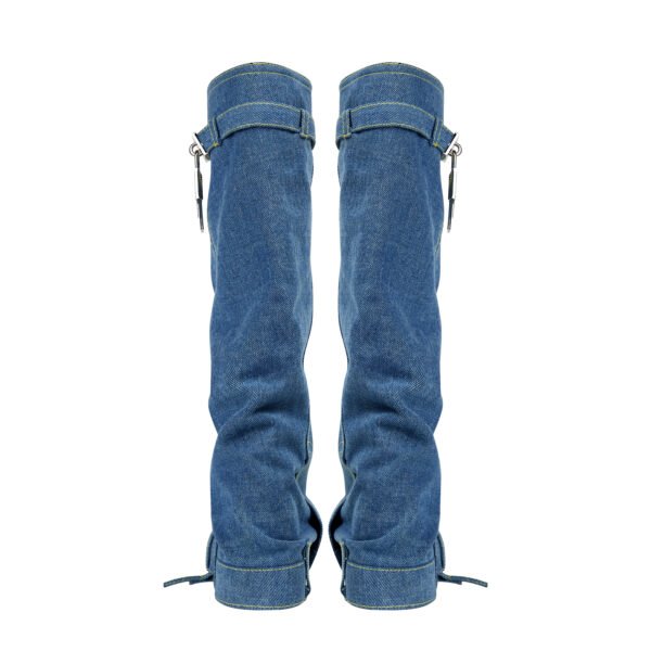 Women's Canvas Boots Round Toe Covers Mid Calf Buckle Decoration Thick Heels Fashionable Shoes - 图片 2
