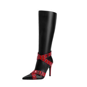 Ladies' Slim High-Heeled Boots Cross Buckle Strap Pointed Imitation Leather Surface Side Zipper Closure Boots