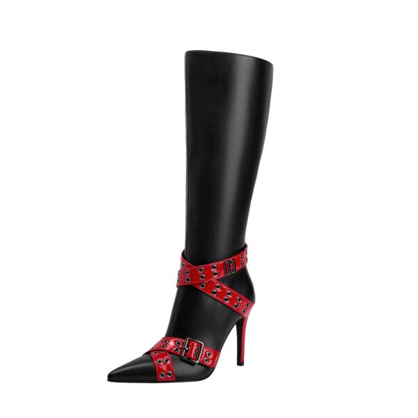 Ladies' Slim High-Heeled Boots Cross Buckle Strap Pointed Imitation Leather Surface Side Zipper Closure Boots