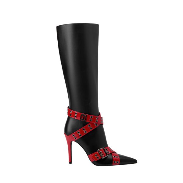 Ladies' Slim High-Heeled Boots Cross Buckle Strap Pointed Imitation Leather Surface Side Zipper Closure Boots - 图片 9