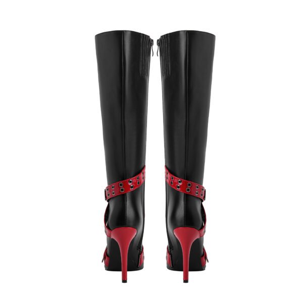Ladies' Slim High-Heeled Boots Cross Buckle Strap Pointed Imitation Leather Surface Side Zipper Closure Boots - 图片 8