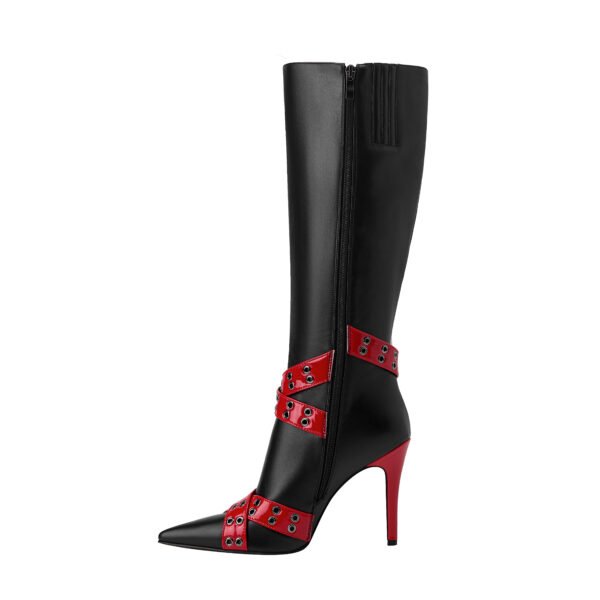 Ladies' Slim High-Heeled Boots Cross Buckle Strap Pointed Imitation Leather Surface Side Zipper Closure Boots - 图片 7