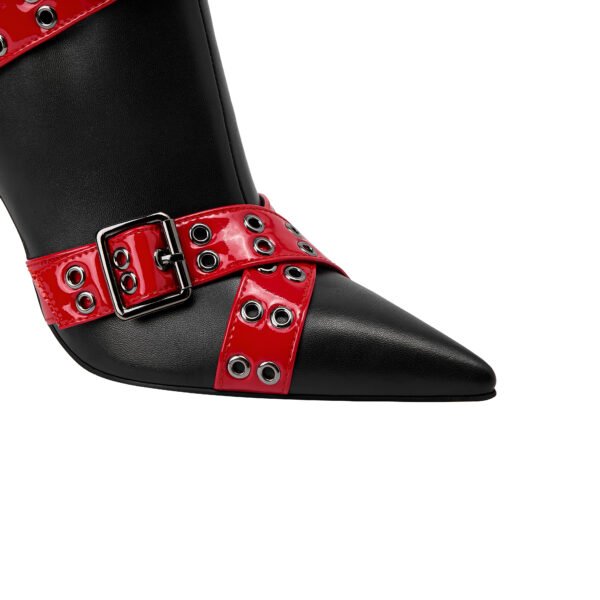 Ladies' Slim High-Heeled Boots Cross Buckle Strap Pointed Imitation Leather Surface Side Zipper Closure Boots - 图片 6