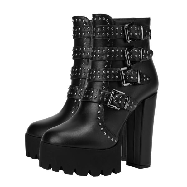 Fashion Punk Style Women's Thick Heeled Short Boots Round Toe Design Wearing Short Boots - 图片 5