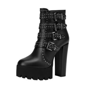 Fashion Punk Style Women's Thick Heeled Short Boots Round Toe Design Wearing Short Boots