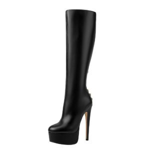 Black Slim High-Heeled Boots Women's Fashionable Round Toe Side Zipper Imitation Gear Leather High Heels