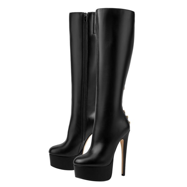 Black Slim High-Heeled Boots Women's Fashionable Round Toe Side Zipper Imitation Gear Leather High Heels - 图片 8