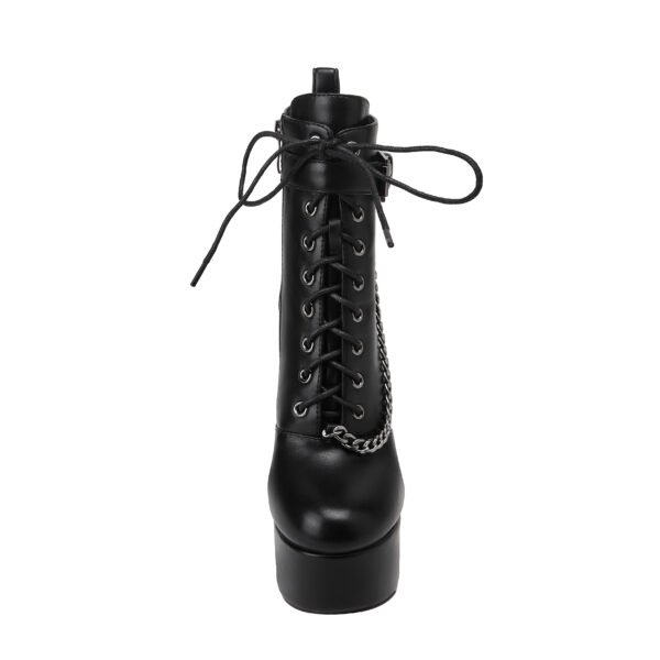 Women's High-Heeled Ankle Boots Round Toe Lmitation Leather Surface Side Chain Thick Soled Shoes - 图片 9