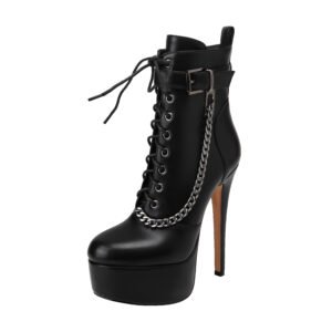 Women's High-Heeled Ankle Boots Round Toe Lmitation Leather Surface Side Chain Thick Soled Shoes