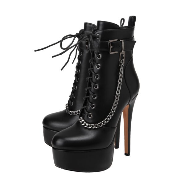 Women's High-Heeled Ankle Boots Round Toe Lmitation Leather Surface Side Chain Thick Soled Shoes - 图片 6