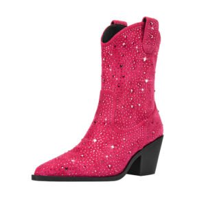 Women's Rhinestone Decorated Western Boots Side Zippers Pointed Calves Thick Heels Sparkling Dance Formal Shoes
