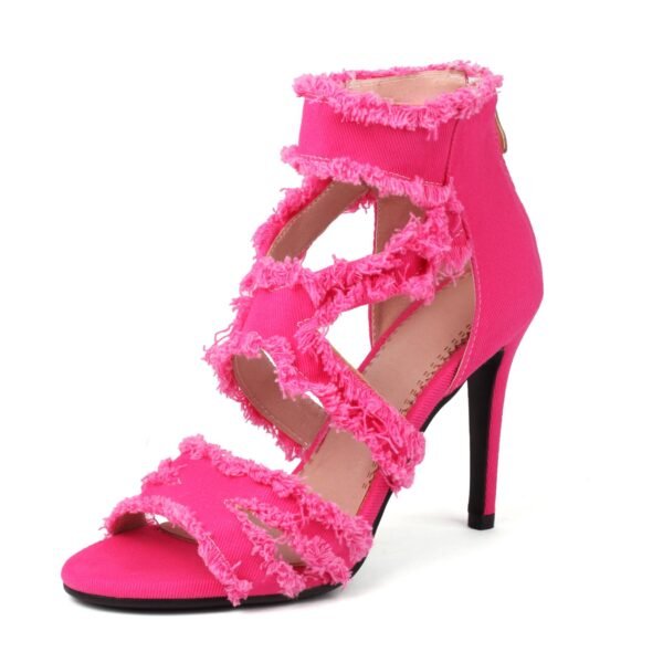 Women's Denim Hollowed Out High Heels Exposed Toes Zippered Back Slim High Heels Fashionable Party Sandals