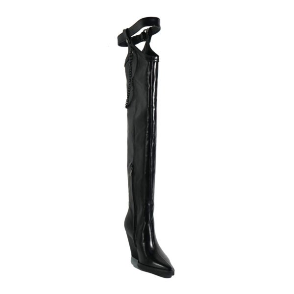 Elegant Benchmark Fashionable Women's Knee High Boots Chain Pointed Thick Heel Imitation Leather Side Zipper Winter Boots - 图片 2