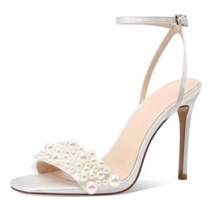 Ladies' Solid Color Elegant Sandals Ankle Buckle Hollow High Heels Artificial Pearl Decoration Party Shoes