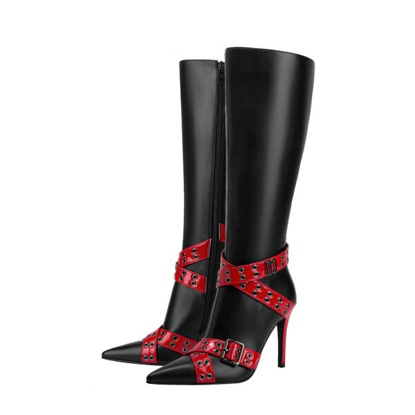 Ladies' Slim High-Heeled Boots Cross Buckle Strap Pointed Imitation Leather Surface Side Zipper Closure Boots - 图片 4