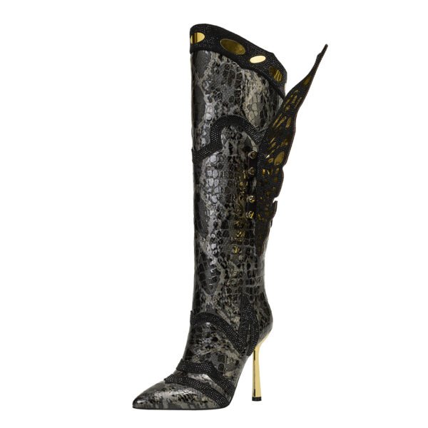 Ladies' Solid Color Three-Dimensional Fashionable Boots Side Zipper Butterfly Style Slim High-Heeled Knee High Boots