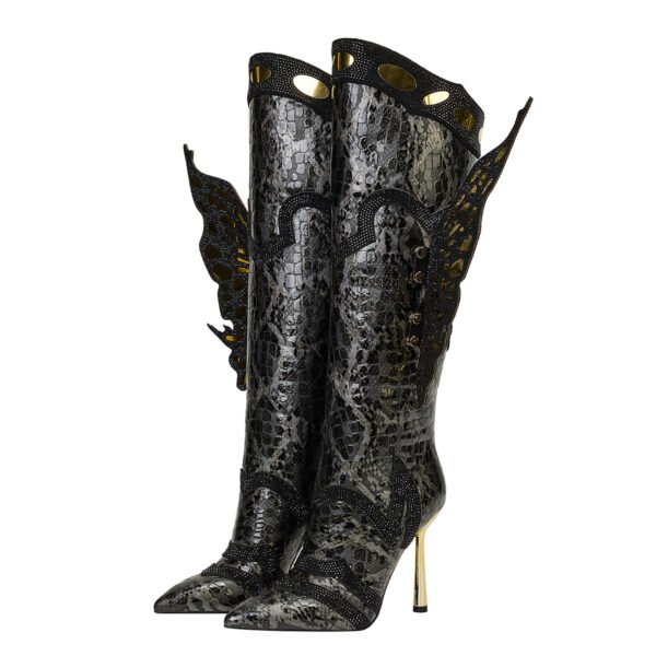 Ladies' Solid Color Three-Dimensional Fashionable Boots Side Zipper Butterfly Style Slim High-Heeled Knee High Boots - 图片 7
