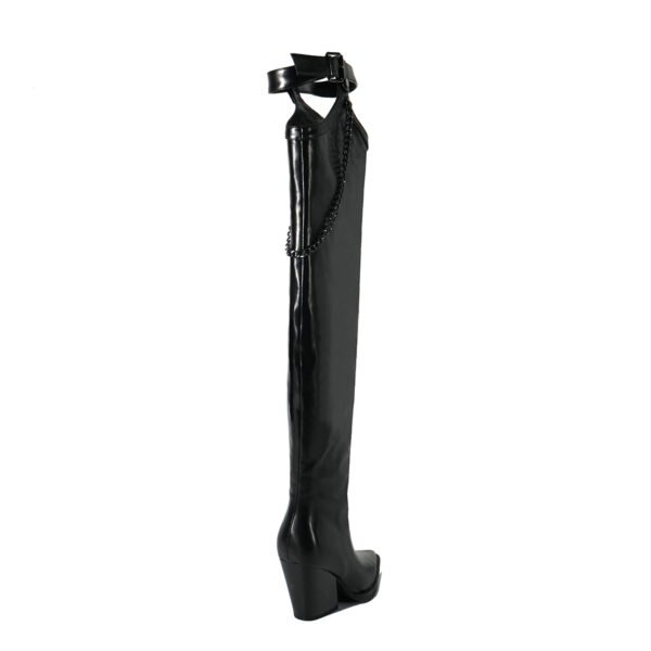 Elegant Benchmark Fashionable Women's Knee High Boots Chain Pointed Thick Heel Imitation Leather Side Zipper Winter Boots - 图片 3