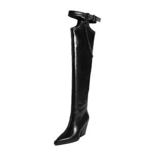 Elegant Benchmark Fashionable Women's Knee High Boots Chain Pointed Thick Heel Imitation Leather Side Zipper Winter Boots