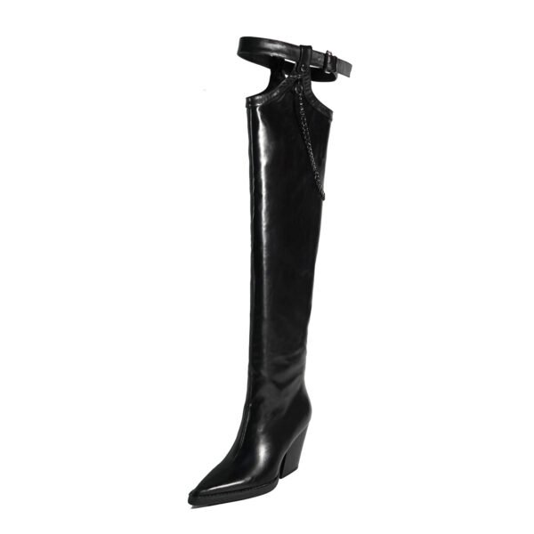 Elegant Benchmark Fashionable Women's Knee High Boots Chain Pointed Thick Heel Imitation Leather Side Zipper Winter Boots
