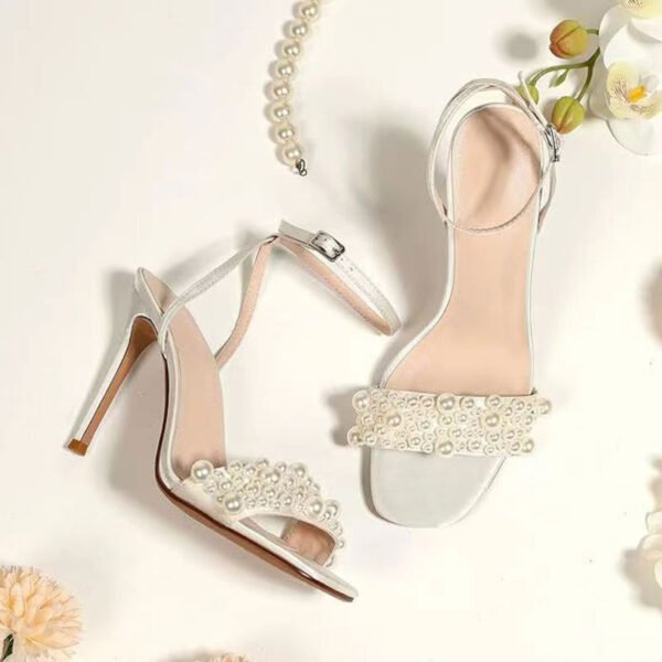 Ladies' Solid Color Elegant Sandals Ankle Buckle Hollow High Heels Artificial Pearl Decoration Party Shoes - 图片 3