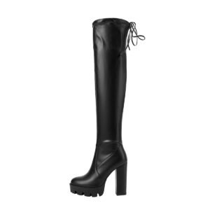 Ladies' Solid Color Fashionable Strap Boots Pointed Tips Side Zipper Thick High Heels Over The Knee Boots