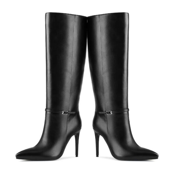 Pointed Side Zipper Imitation Leather Buckle Style High-Heeled Boots for Women Fashionable Black Slim High-Heeled Boots - 图片 7