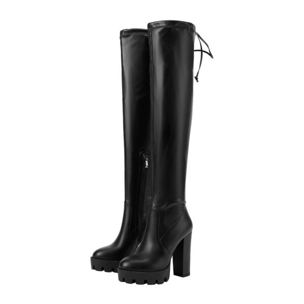 Ladies' Solid Color Fashionable Strap Boots Pointed Tips Side Zipper Thick High Heels Over The Knee Boots - 图片 4