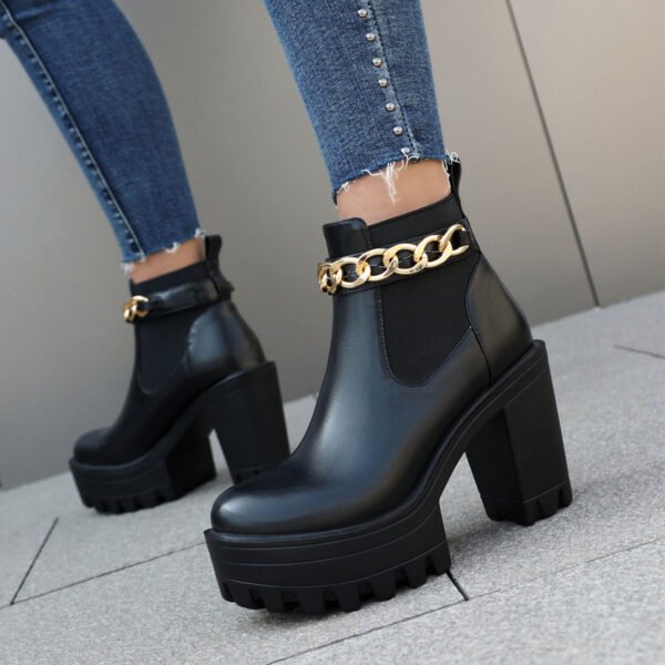 Ladies' Fashionable Thick High-Heeled Ankle Boots Round Toe Faux Leather Thick Soled Boots - 图片 4