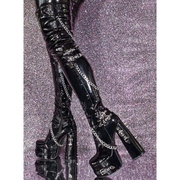 Ladies' Black Studded Chain Knee Ankle Boots Round Toe High-Heeled Zipper Closure Solid Color Super High Heels - 图片 6