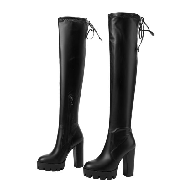 Ladies' Solid Color Fashionable Strap Boots Pointed Tips Side Zipper Thick High Heels Over The Knee Boots - 图片 2