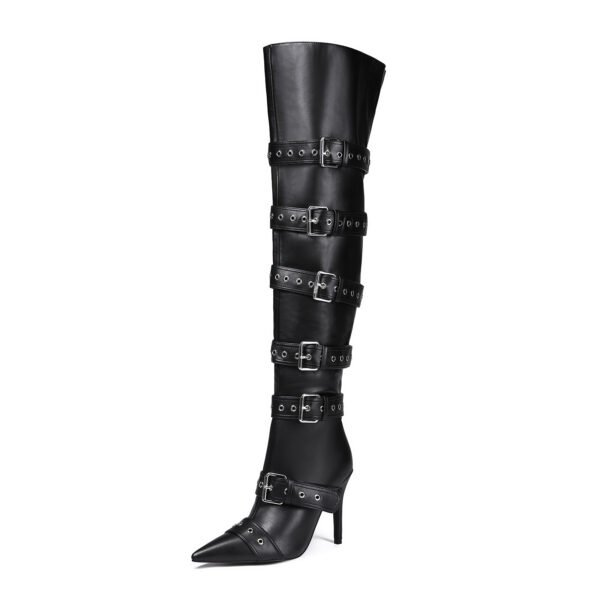 Ladies' Buckle Details Long Knee High Boots Side Zipper Poined Head Thin Heel Boots - 图片 9