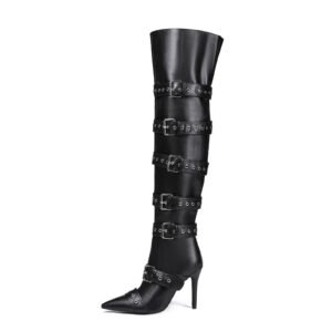 Ladies' Buckle Details Long Knee High Boots Side Zipper Poined Head Thin Heel Boots