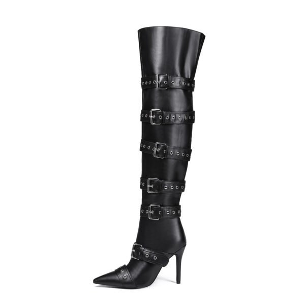 Ladies' Buckle Details Long Knee High Boots Side Zipper Poined Head Thin Heel Boots