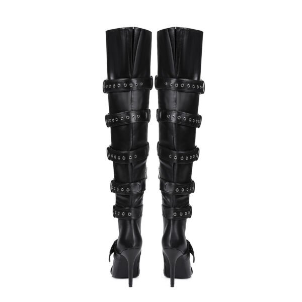 Ladies' Buckle Details Long Knee High Boots Side Zipper Poined Head Thin Heel Boots - 图片 7