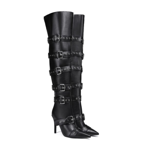 Ladies' Buckle Details Long Knee High Boots Side Zipper Poined Head Thin Heel Boots - 图片 6