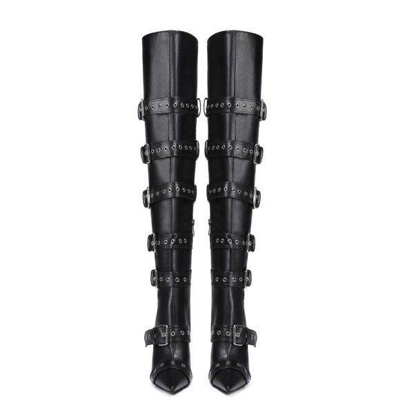 Ladies' Buckle Details Long Knee High Boots Side Zipper Poined Head Thin Heel Boots - 图片 5